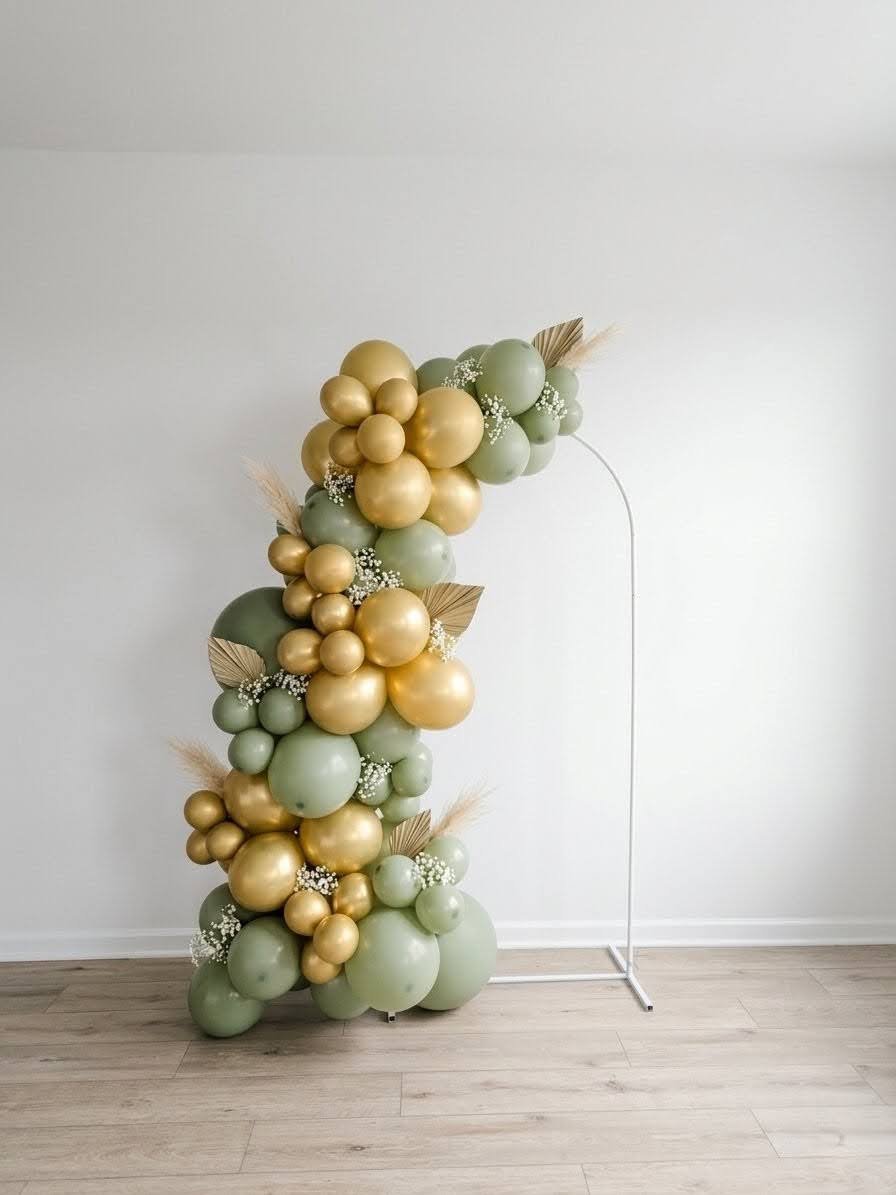 Sage green and chrome gold organic balloon hoop arch with pampas grass NJ