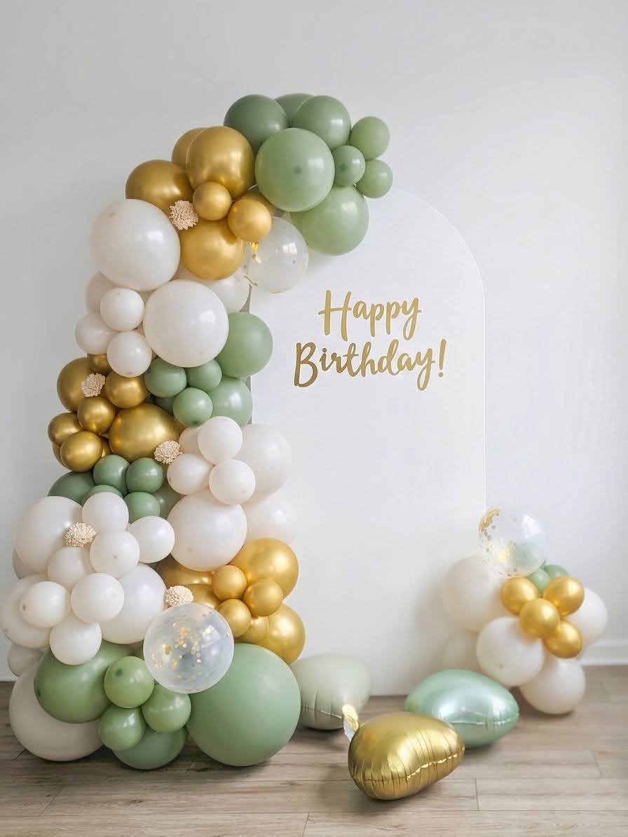 Sage green white and gold balloon arch with backdrop for birthday party NJ