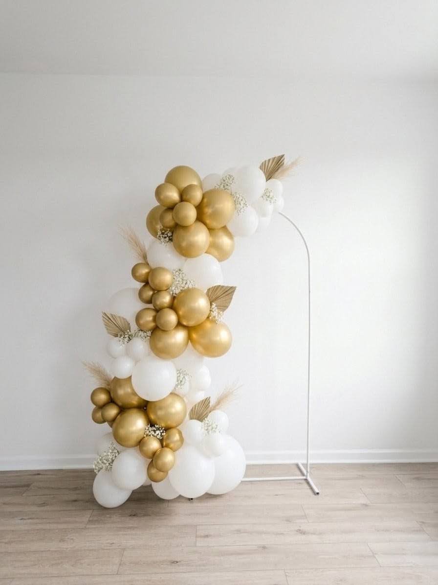 White and chrome gold balloon hoop arch with pampas and baby's breath for bridal shower NJ